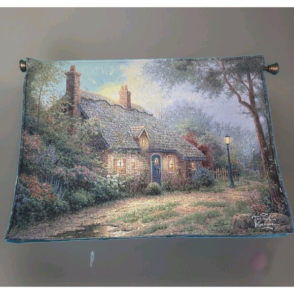 Thomas Kinkade Reversible Tapestry Wall Hanging - Cottage & Winter Scene w/ Rod - Picture 1 of 5